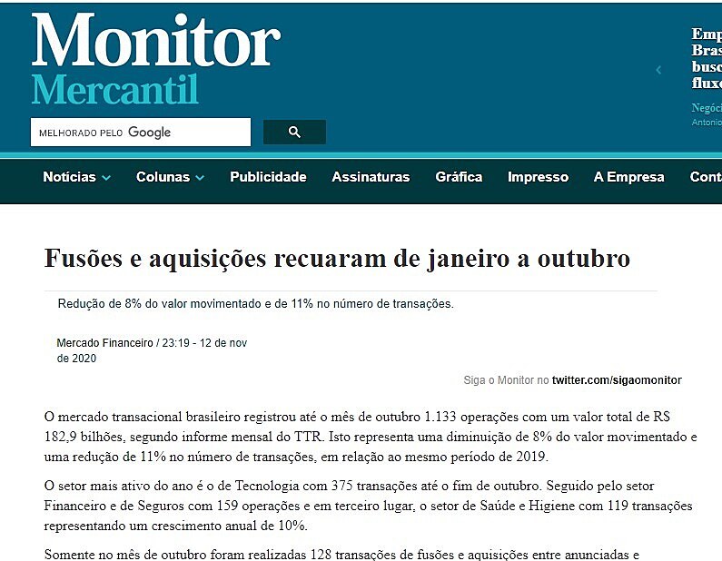 Fuses e aquisies recuaram de janeiro a outubro